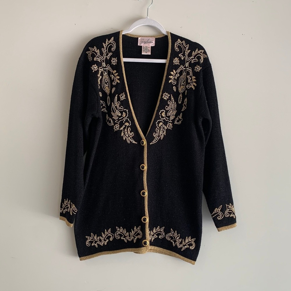 Vintage Jaclyn Smith Black Metallic Beaded Embroidered Floral Cardigan Sweater M